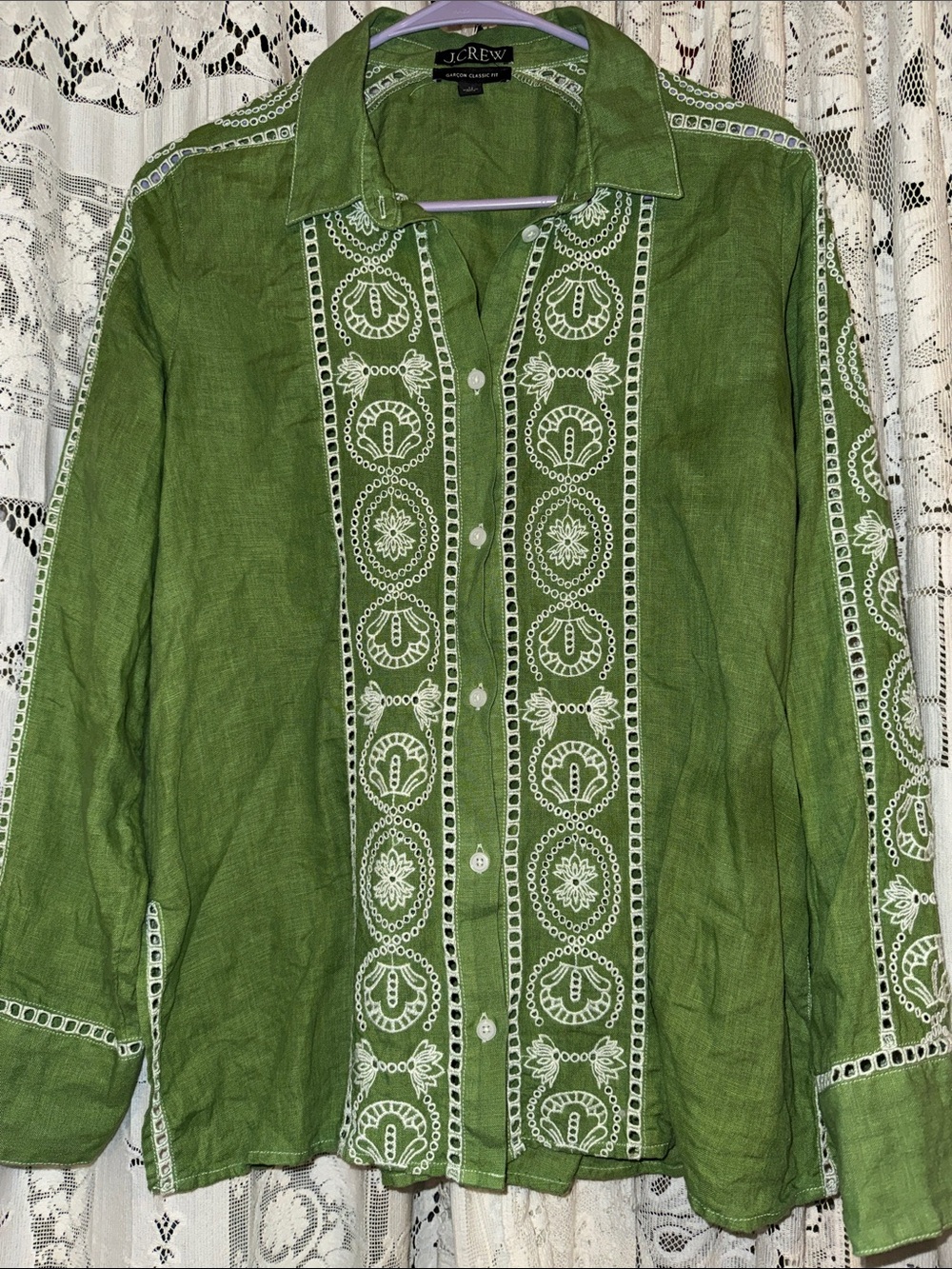 J. Crew Green Linen Embroidered Button-Up top